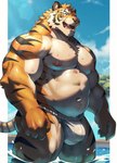 4_fingers abs anthro asian_clothing barazoku biceps biped black_body black_fur black_stripes blue_eyes blue_sky bulge claws clothed clothing countershade_torso countershading day deltoids detailed_bulge east_asian_clothing finger_claws fingers fundoshi fundoshi_only fur green_eyes in_pool japanese_clothing male multicolored_body multicolored_fur musclegut muscular muscular_anthro muscular_male muscular_thighs navel neck_muscles nipples open_mouth orange_body orange_fur outside partially_submerged pecs pink_nipples pool sky solo standing striped_body striped_fur stripes tan_body tan_fur topless underwear underwear_only water wet wet_body wet_fur white_clothing white_fundoshi white_underwear zero_087 felid mammal pantherine tiger 2023 hi_res