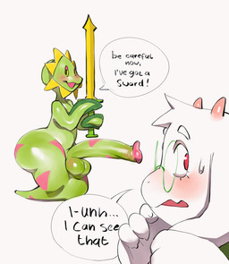 anthro balls big_butt big_penis blush bodily_fluids butt dialogue erection genitals glans holding_melee_weapon holding_object holding_weapon horn huge_butt huge_penis humanoid_genitalia male melee_weapon open_mouth penis simple_background speech_bubble sweat sword text thick_thighs weapon white_background white_body wide_hips conditional_dnp kinkykong deltarune undertale_(series) ralsei bovid caprine darkner goat mammal unknown_species english_text hi_res