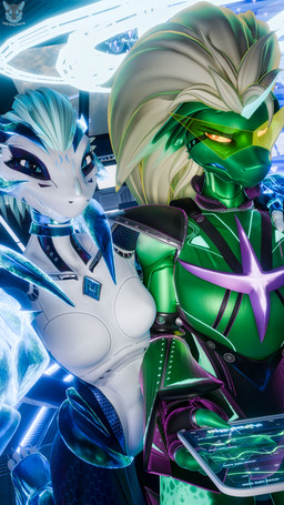 anthro armor clothed clothing duo electronics eyewear female glasses green_body hair headgear looking_at_viewer machine selfie simple_background smile space space_station spacecraft teeth teeth_showing vehicle wearing_glasses white_body foxibiki warfaremachine_(modeler) mythology cassie_alilkira fan_character sevan_(warfaremachine) warfare_alilkira alien android biyemorph dragon ghost mammal mythological_creature mythological_scalie reptile robot scalie spirit 2026 3d_(artwork) 9:16 blender_(artwork) digital_media_(artwork) english_description hi_res