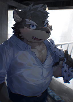 anthro belt blue_eyes blush bottomwear brown_body brown_fur clothing eyebrows fur grey_body grey_fur looking_at_viewer male multicolored_body multicolored_fur pants raining scar shirt solo thick_eyebrows topwear two_tone_body two_tone_fur wet wet_clothing ponzu_tas lifewonders tokyo_afterschool_summoners moritaka_(tas) canid canine canis domestic_dog mammal hi_res