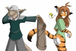 2011 anthro armor basitin blush bottomless bottomwear brown_hair butt casual_exposure clothed clothing colored conditional_dnp countershading covering covering_eyes covering_face duo embarrassed extruded_text felid female flora_(twokinds) fur hair headgear helmet keidran keith_keiser long_hair male mammal orange_body orange_fur pantherine pants question_mark shirt simple_background speech_bubble tail tiger tom_fischbach topwear twokinds white_background white_body white_fur yellow_eyes