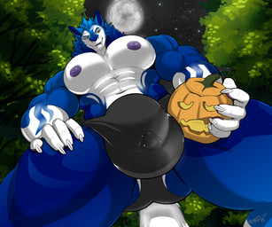 anthro big_bulge big_muscles biped blue_body bodily_fluids bulge clothing full_moon genital_fluids huge_bulge huge_muscles jack-o'-lantern macro male mane moon muscular muscular_anthro muscular_male precum precum_through_clothing precum_through_underwear solo underwear wet wet_clothing lunarxlycan vexedlupine lightwo sergei_(lightwo) sergal werecreature 6:5 hi_res