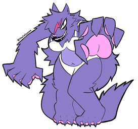 4_toes 5_fingers anthro black_lips bra clothing feet female fingers fur heart_nose heart_symbol highlights_(coloring) lips panties pawpads pink_nose pink_pawpads purple_body purple_fur reaching_towards_viewer red_highlights sharp_teeth simple_background smile solo tail teeth text toes underwear white_background white_bra white_clothing white_panties white_underwear wide_hips bigsteppies mythology canid canine mammal mythological_canine mythological_creature werecanid werecanine werecreature werewolf artist_name hi_res