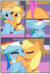 applejack_(mlp) blue_body blue_feathers blue_fur blush clothing comic cowboy_hat dialogue duo earth_pony english_text equid equine feathered_wings feathers female female/female feral freckles friendship_is_magic fur genitals green_eyes hair hasbro hat headgear headwear hi_res hisexpliciteditor horse kissing kneeling mammal multicolored_hair my_little_pony mythological_creature mythological_equine mythology pegasus pony pussy pyruvate rainbow_dash_(mlp) rainbow_hair red_eyes sex_toy spa text third-party_edit vibrator wings