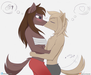 anthro blush bottomwear brown_body brown_fur brown_hair brown_tail canon_couple chest_wraps clothed clothing duo female fur grey_eyes hair heart_symbol kissing male male/female monotone_body monotone_fur monotone_hair monotone_tail pants patreon_logo tail tail_motion tailwag tan_body tan_fur tan_hair tan_tail text thought_bubble topless wraps kosameainz wagstail patreon twokinds keith_keiser natani basitin canid canine canis keidran mammal wolf english_text source_request url