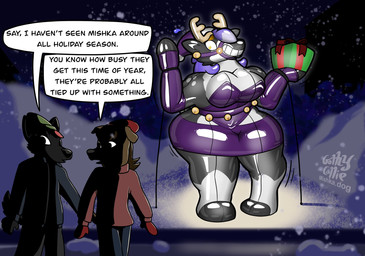 ambiguous_gender anthro antlers bean_mouth bell big_breasts black_body black_fur breasts brown_body brown_fur christmas_clothing christmas_headwear christmas_present clothing dialogue dress female fingers fur gift grey_body group hair handwear hat headgear headwear holidays hooved_fingers hooves horn inflatable looking_at_another mittens overweight overweight_anthro overweight_female purple_hair santa_hat smile snow snowing solo_focus speech_bubble sweater text thick_thighs topwear trio white_body white_inner_ear yellow_eyes gothycollie christmas mishka_(gothycollie) animate_inanimate canid canine canis deer domestic_dog hybrid living_inflatable mammal new_world_deer reindeer 2025 digital_drawing_(artwork) digital_media_(artwork) english_description english_text hi_res