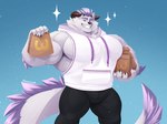 anthro biceps clothing eyebrows fur grin hair hoodie horn male muscular muscular_anthro muscular_male one_eye_closed paper_bag pecs purple_hair smile solo sparkles thick_eyebrows topwear white_body white_fur wink racesolar lifewonders tokyo_afterschool_summoners behemoth_(tas) monster 4:3 hi_res