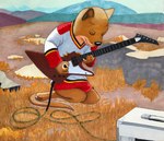 amplifier anthro black_nose brown_body brown_fur cable clothed clothing concentrating countershading electric_guitar eyes_closed fur grass guitar hill jersey jersey_only kneeling looking_down male markings musical_instrument outside partially_clothed paws plant playing_guitar playing_music plucked_string_instrument rock solo string_instrument tail whiskers christaphorac mammal mustelid 2024 absurd_res hi_res traditional_media_(artwork) watermark