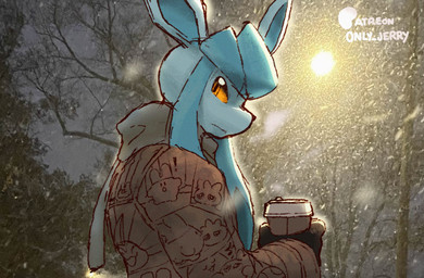 anthro blue_body blue_ears blue_inner_ear brown_clothing brown_topwear clothed clothing holding_object orange_eyes outside plant scarf snow snowing solo text topwear tree dahecksajerry nintendo pokemon james_(dahecksajerry) eeveelution generation_4_pokemon glaceon pokemon_(species)
