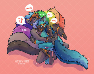 anthro bdsm black_body black_fur black_tail blue_body blue_fur blue_hair blue_tail blush bondage bondage_gear bondage_gloves bound brown_hair clothing duo eyes_closed frogtied fur green_body green_fur green_tail grey_body grey_fur grey_tail hair handwear hug legs_tied male mask multi_tail muzzle_(object) muzzled orange_body orange_fur orange_tail purple_body purple_fur purple_tail short_hair simple_background striped_ears tail text wearing_mask wing_bondage yellow_body yellow_fur yellow_tail kiwyne canid mammal 2022 artist_name dated hi_res