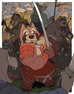 anthro armor asian_clothing barefoot brown_body brown_fur bulge clothed clothing east_asian_clothing feet fundoshi fundoshi_only fur group japanese_clothing kemono male moobs mostly_offscreen_character nipples offscreen_character overweight overweight_male samurai topless underwear underwear_only warrior weapon white_clothing white_fundoshi white_underwear motogen bear canid canine felid mammal pantherine raccoon_dog tanuki tiger 2025 hi_res