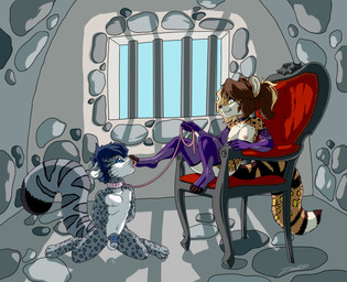 4_toes 5_fingers anthro balls black_body black_fur blue_eyes blue_sclera bodily_fluids brown_body brown_fur brown_hair chair chastity_cage chastity_device claws clothing collar dominant dominant_female dungeon duo feet female fingers foot_fetish foot_lick foot_play footwear fur furniture genital_fluids genitals gloves grey_body grey_fur hair handwear humanoid_hands kneeling leash legwear licking lingerie male male/female multicolored_body multicolored_fur on_ground pawpads precum purple_clothing sitting socks tan_body tan_fur toe_claws toeless_footwear toeless_socks toes tongue tongue_out white_balls white_body white_fur yellow_eyes young young_anthro young_female young_male zooshi cheetah felid feline leopard mammal pantherine 2020 hi_res signature