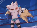 anthro blue_clothing blue_underwear carrying_on_shoulders clothing eye_contact fighting_ring green_clothing green_underwear hi_res league_of_legends looking_at_another male riot_games smite_(artist) smite_(character) submission_hold teemo_(lol) tencent torture_rack_(wrestling_move) trapped underwear wrestling wrestling_clothing wrestling_gear yordle