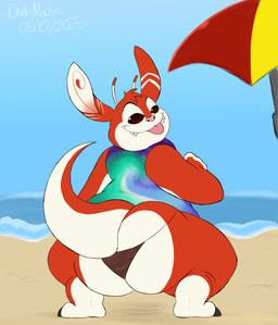 antennae_(anatomy) beach beach_umbrella big_butt bikini_thong black_claws black_toe_claws brown_eyes butt claws clothing crouching dipstick_antennae fur head_tuft looking_at_viewer looking_back looking_back_at_viewer male multicolored_antennae multicolored_body multicolored_fur parasol pink_nose pink_tongue red_body red_fur sand sea sharp_teeth shirt solo swimwear tank_top teeth text tie-dye toe_claws tongue tongue_out topwear tuft two_tone_body two_tone_fur water white_body white_fur chonkymouse disney lilo_and_stitch fan_character ferlo alien experiment_(lilo_and_stitch) 2025 artist_name dated digital_drawing_(artwork) digital_media_(artwork) flat_colors hi_res signature
