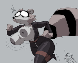 anthro areola belt big_areola big_tail black_bodysuit black_clothing black_skinsuit black_stripes bodily_fluids bodysuit boots bouncing_breasts breasts butt chasing clothed clothing duo female femme_fatale footwear fur grey_body grey_fur male markings motion_lines pouch_(clothing) ring_(marking) ringed_tail running shocked shoes silly simple_background skinsuit striped_markings striped_tail stripes sweat tail tail_markings thick_thighs thief tight_clothing wardrobe_malfunction wide_hips zipper zipper_down inker_comics marcos_the_bear uva_the_raccoon bear mammal procyonid raccoon absurd_res colored hi_res portrait shaded three-quarter_portrait
