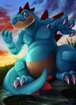 2018 3_toes 4_fingers alligator alligatorid anthro attack barely_visible_creature battle blue_body challenge claws crocodile crocodilian crocodylid detailed_background digital_media_(artwork) duo feet feraligatr fingers generation_2_pokemon generation_3_pokemon grass hi_res lily_pad lotad male nintendo outside plant pokemon pokemon_(species) reptile river scalie sky solo_focus sunset toe_claws toes water whelpsy