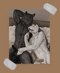 anthro bed duo furniture genitals knot male male/male masturbation penis vidnix_(artist) canid canine mammal monochrome sepia