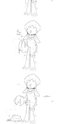 ambiguous_gender annoyed anthro big_hands clothing flies_for_smell food huge_claws meat missing_arm pokemon_speak poncho solo trainer onearmdude nintendo pokemon fan_character richie_(onearmdude) felid feline generation_4_pokemon mammal pokemon_(species) weavile hi_res monochrome sketch