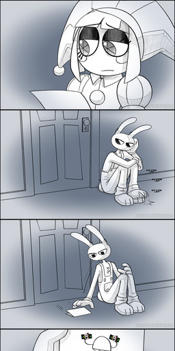 anthro clothed clothing door duo female impatient jester letter male overalls paper reading sitting text upset absolutedream glitch_productions the_amazing_digital_circus jax_(tadc) pomni_(tadc) human lagomorph leporid mammal rabbit absurd_res comic english_text hi_res long_image tall_image