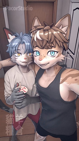 anthro blue_eyes blue_hair clothed clothing container cup drinking duo fur hair male male/male male_anthro shirt smile tank_top topwear whiskers yellow_eyes pacorstudio chen_(pacorstudio) rui_(pacorstudio) felid feline mammal animated hi_res short_playtime video
