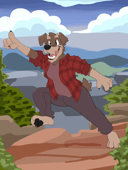anthro black_claws black_nose black_pawpads blue_sky bottomwear breasts brown_body brown_fur claws clothed clothing cloud day detailed_background feet female female_anthro finger_claws floppy_ears fur gesture grey_bottomwear grey_clothing grey_pants hand_gesture hindpaw open_mouth open_smile outside pants pattern_clothing pattern_shirt pattern_topwear pawpads paws pink_tongue plaid plaid_clothing plaid_outerwear plaid_shirt plaid_topwear plant pointing red_clothing red_shirt red_topwear rock rolled_up_sleeves shirt short_tail shrub sky smile smile_lines snout solo tail tan_body tan_fur teeth tongue topwear walking sebdoggo canid canine canis domestic_dog mammal schnauzer 2023 absurd_res digital_drawing_(artwork) digital_media_(artwork) flat_colors hi_res procreate_(artwork)