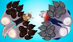 anthro barefoot clothed clothing duo feet foot_focus looking_down macro male male/male pawpads paws soles toes jazzumi dannydumal canid canine canis mammal mexican_wolf wolf