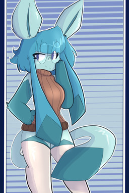 anthro blue_body blue_hair bottomwear breasts clothed clothing eyewear female fingers glasses hair looking_at_viewer multicolored_body pokemorph short_hair shortstack simple_background sleeveless_clothing smile smug solo tail thick_thighs topwear two_tone_body rosedreams nintendo pokemon irene_(dennhaze) eeveelution generation_4_pokemon glaceon mammal pokemon_(species) absurd_res digital_media_(artwork) hi_res