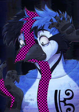 anthro beak bodily_fluids clawed_hands crying cut_in_half eye_bags male missing_texture scratching_head sliced solo sweat tattoo tears worried matty_mattoe promises_to_keep artemis_(promises_to_keep) avian bird blue_jay corvid jay_(bird) new_world_jay oscine passerine absurd_res hi_res