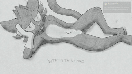 animal_legs anthro big_eyes black_body black_fur cartoon_character cartoon_gloves clothing fangs fur gloves grey_chest hair handwear head_on_hand looking_at_viewer lying male multicolored_body multicolored_fur navel nude on_side posing_for_the_viewer seductive simple_background slim small_waist solo spiked_fur spiky_hair tail teeth text tongue tongue_out kugel_its_just draw_me_like_one_of_your_french_girls the_itchy_and_scratchy_show the_simpsons scratchy_(the_simpsons) domestic_cat felid feline felis mammal 16:9 art_academy_(artwork) digital_media_(artwork) hi_res meme monochrome shaded simple_shading widescreen