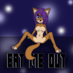 anthro bedroom_eyes biped blue_eyes breasts brown_body brown_fur featureless_breasts featureless_crotch female fur hair half-closed_eyes looking_at_viewer multicolored_body multicolored_fur narrowed_eyes naughty_face navel nude null presenting purple_hair seductive simple_background sitting smile smirk solo spread_legs spreading text two_tone_body two_tone_fur chi-chi metalia canid canine canis mammal wolf 1:1 2017 digital_media_(artwork)