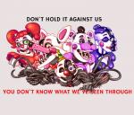 anthro bone exposed_endoskeleton group machine simple_background skull teeth text cinnabutt_(artist) five_nights_at_freddy's scottgames sister_location ballora_(fnafsl) circus_baby_(fnaf) ennard_(fnafsl) funtime_foxy_(fnaf) funtime_freddy_(fnafsl) animatronic bear canid canine fox mammal robot digital_media_(artwork) english_text hi_res