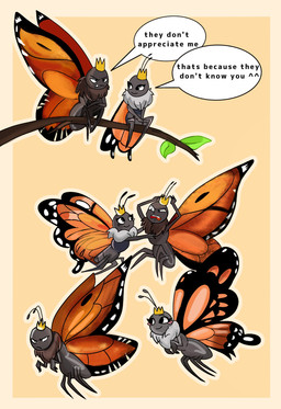 4_legs ambiguous_anthro ambiguous_gender angry antennae_(anatomy) anthro arthropod_abdomen black_antennae blush bodily_fluids canon_x_oc crown crying dialogue disgust duo eyelashes eyespots female female_anthro flying gold_crown grey_body headgear insect_wings lepidopteran_wings markings nude orange_background orange_wings plant ruff simple_background sitting smile speech_bubble tears teeth text wings fenghuangz disney hoppers_(disney) pixar fan_character mirabelle_(honeycombcrown) titus_(hoppers) arthropod butterfly insect lepidopteran monarch_butterfly 2026 digital_media_(artwork) english_text hi_res brother_(lore) brother_and_sister_(lore) sibling_(lore) sister_(lore)