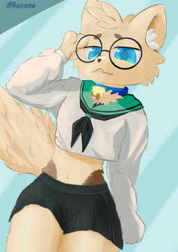 anthro bell bell_collar belly bottomwear clothed clothing collar crossdressing eyewear femboy fluffy fluffy_tail glasses legwear male navel sailor_uniform skirt solo tail thigh_highs uniform kecuxa canid canine fox mammal absurd_res hi_res