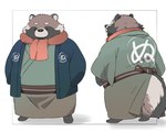 biped black_nose brown_body clothed clothing eyes_closed scarf solo text text_on_clothing inunoshippo canid canine mammal raccoon_dog tanuki 2023 5:4 hi_res japanese_text