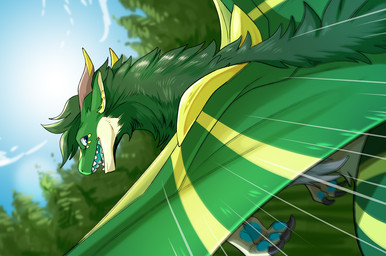 back_fur black_claws blue_eyes blue_mouth blue_pawpads blue_sky blue_tongue brown_horn claws cloud day detailed_background evergreen_tree feral flying forest forest_background fur furry_neck green_body green_eyes green_fur green_hair green_wings hair hairy_back happy horn inner_ear_fluff light looking_at_viewer looking_back looking_back_at_viewer male markings membrane_(anatomy) membranous_wings motion_lines nature nature_background open_mouth open_smile outside pawpads pine_tree plant pupils sharp_teeth sky smile solo striped_legs striped_wings stripes sun sunlight tan_horn teal_mouth teal_pawpads teal_tongue teeth tongue tree tuft white_inner_ear white_lower_jaw wings yellow_dots yellow_horn yellow_horn_tips yellow_inner_ear_fluff yellow_markings yellow_nose_bridge yellow_stripes yellow_undereye swampjaws mythology ardo_(ardothelime) dragon furred_dragon furred_scalie mythological_creature mythological_scalie scalie