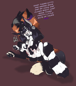 anal anal_penetration animal_genitalia animal_penis balls blood bodily_fluids bovid_horn bracelet canine_genitalia canine_penis caprine_horn claws duo ear_piercing erection exclamation_point facial_piercing feral feral_on_feral feral_penetrated feral_penetrating feral_penetrating_feral forearms genitals horn interspecies jewelry knot knotted_penis lip_piercing looking_worried male male/male male_penetrated male_penetrating male_penetrating_male markings nose_piercing penetration penile penile_penetration penile_spines penis piercing questionable_consent ram_horn scaled_forearms scales scar self-harm_scars sex snarling striped_markings striped_tail stripes tail tail_markings teeth text tongue tongue_out m1lkb4rk avian canid canine cross_fox domestic_cat felid feline felis fox hybrid mammal red_fox true_fox absurd_res english_text hi_res