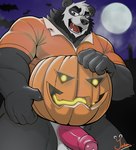 anthro balls beard bodily_fluids bottomless bottomless_anthro bottomless_male clothed clothing erection facial_hair food foreskin fruit full_moon fur genital_fluids genitals holding_object holding_pumpkin holidays humanoid_genitalia humanoid_penis jack-o'-lantern leaking_precum looking_at_viewer male moon muscular muscular_anthro muscular_male night open_mouth outside overweight overweight_anthro overweight_male partially_retracted_foreskin penis plant precum pumpkin shirt smile solo teeth topwear yetsu halloween yetsupanda bear giant_panda mammal digital_media_(artwork) hi_res