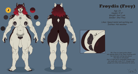 animal_genitalia animal_vulva anthro big_breasts big_butt breasts butt canine_genitalia canine_vulva female genitals piercing plump_labia solo text thick_thighs vulva wide_hips yaramoshi_satoshi canid canine canis mammal wolf absurd_res english_text hi_res model_sheet