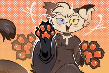 ambiguous_gender anthro black_body black_fur digitigrade feet foot_focus fur heterochromia orange_background orange_pawpads pawpads paws simple_background solo dizzymilky dizzy_(dizzymilky) domestic_cat felid feline felis mammal digital_media_(artwork) hi_res