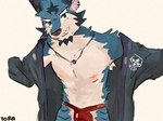 anthro asian_clothing athletic athletic_male blue_body blue_fur bulge clothing east_asian_clothing fundoshi fur japanese_clothing jewelry male necklace nipples simple_background solo underwear hirakie1 chardonnay_romancia kinos_tigre felid mammal pantherine tiger 4:3