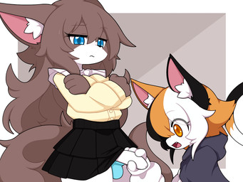 anthro balls_in_underwear black_body black_fur blue_eyes bodily_fluids bottomwear brown_body brown_fur bulge cloak clothed clothed_anthro clothing crossed_arms duo female flaccid fluffy fluffy_hair fluffy_tail foreskin frilly frilly_clothing fully_clothed fur genitals gynomorph gynomorph/female hair holding_penis humanoid_genitalia humanoid_penis imminent_sex intersex intersex/female multicolored_body multicolored_fur narrowed_eyes open_mouth orange_body orange_fur penis penis_under_skirt simple_background skirt sweat sweatdrop sweater tail topwear underwear unretracted_foreskin unsure white_body white_fur yellow_eyes km-15 calico_cat domestic_cat felid feline felis mammal ragdoll_cat 4:3 hi_res