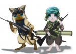 :3 ambiguous_gender anthro ar-15 armor assault_rifle barefoot belt blue_eyes clothing combat_helmet dog_tags dragunov duo feet fur fur_markings gun headgear helmet looking_at_viewer m16 markings ranged_weapon rifle rocket_launcher scope simple_background sniper_rifle standing stoner_rifle svd topwear utility_belt vest weapon whiskers white_background unknown_artist capcom konami metal_gear metal_gear_solid_peace_walker monster_hunter felid felyne lynian mammal crossover hi_res