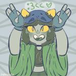 :3 astrological_symbol black_hair choker clothed clothing female gloves grey_body grey_skin hair handwear hat headgear headwear heart_symbol horn jacket jewelry leo_(symbol) necklace not_furry solo symbol topwear western_zodiac_symbol yellow_sclera demigosh homestuck ms_paint_adventures nepeta_leijon alien alien_humanoid horned_humanoid humanoid troll_(homestuck) 1:1 hi_res