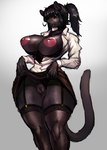 5_fingers anthro areola big_breasts biped black_body black_clothing black_ears black_eyeshadow black_fur black_hair black_legwear black_nose black_panties black_stockings black_tail black_thigh_highs black_underwear bottomwear breasts brown_bottomwear brown_clothing brown_skirt clothed clothing clothing_aside clothing_lift collared_shirt curvy_figure dress_shirt exposed_breasts eyelashes eyeshadow eyewear female female_anthro fingers front_view fur garter_straps genitals glasses glistening glistening_areola glistening_breasts gradient_background grey_background hair hourglass_figure huge_breasts inverted_nipples legwear long_hair looking_at_viewer makeup monotone_hair monotone_tail narrowed_eyes nipple_piercing nipples open_clothing open_mouth open_shirt open_topwear panties panties_aside partially_clothed piercing pince-nez pink_areola pink_nipples ponytail presenting presenting_vulva pupils shirt simple_background skirt skirt_lift solo standing stockings tail teeth thigh_highs topwear underwear underwear_aside vulva white_clothing white_shirt white_topwear yellow_eyes zerolativity felid mammal pantherine 2023 absurd_res colored digital_media_(artwork) hi_res portrait shaded three-quarter_portrait