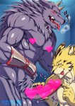 abs anthro balls blush bodily_fluids drooling duo erection fur genitals horn male male/male muscular muscular_male pecs penis purple_body purple_fur saliva amakuchi lifewonders tokyo_afterschool_summoners bathym_(tas) ose_(tas) canid canine canis demon felid leopard mammal pantherine wolf censored hi_res