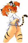 5_fingers :3 anthro asian_clothing black_stripes blush bodily_fluids breasts butt claws clothed clothing east_asian_clothing female fingers fundoshi fur hair japanese_clothing kemono looking_at_viewer looking_back orange_eyes orange_hair shirt simple_background smile solo standing stripes sweat sweatdrop topwear underwear white_background young oyatsu felid mammal pantherine tiger 2013 9:14 traditional_media_(artwork)