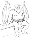 barefoot beard belt bottomwear clothed clothing facial_hair feet horn loincloth male musclegut muscular scar simple_background sitting solo teeth_showing topless white_background wings thegreatmatsutzu disney gargoyles hudson_(gargoyles) gargoyle humanoid black_and_white monochrome sketch