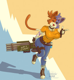 5_fingers abstract_background anthro arm_tattoo belt big_breasts black_belt black_clothing black_collar black_eyebrows black_footwear black_shoes black_sneakers blue_background blue_bottomwear blue_clothing blue_jeans blue_pants blush bottomwear breasts cartoon_eyes cheek_tuft clothing collar denim denim_bottomwear denim_clothing dipstick_tail eyebrows facial_tuft female fingerless_gloves fingers footwear fur gesture gloves hand_gesture handwear head_tuft holding_object holding_ranged_weapon holding_weapon jeans logo looking_at_viewer markings name_tag on_one_leg one_eye_closed orange_background orange_body orange_clothing orange_fur orange_topwear pants pink_nose pointing purple_body purple_fur purple_tattoo ranged_weapon red_tongue shadow simple_background solo standing tail tail_markings tan_background tan_body tan_fur tattoo text tongue tongue_out topwear torn_bottomwear torn_clothing torn_jeans torn_pants tuft weapon wink winking_at_viewer jayheartwing epic_games fortnite cate_meowdy domestic_cat felid feline felis mammal 2025 artist_logo cel_shading english_text hi_res shaded signature