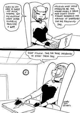 anthro bell bell_collar breasts cleavage clothed clothed_female clothing collar computer curved_horn dialogue electronics female fingers fur hooved_fingers hooves horn laptop sitting solo text wool_(fur) tegerio lana_lynne bovid caprine mammal sheep 2023 black_and_white comic english_text hi_res monochrome