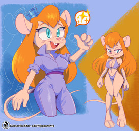 anthro bikini bikini_bottom bikini_top blonde_hair blue_eyes blush breasts buckteeth clothed clothing eyewear eyewear_on_head female fur goggles goggles_on_head hair long_hair looking_at_viewer navel open_mouth simple_background smile solo standing swimwear tail teeth two-piece_swimsuit pepamintop chip_'n_dale_rescue_rangers disney gadget_hackwrench mammal mouse murid murine rodent 2025 absurd_res digital_media_(artwork) hi_res